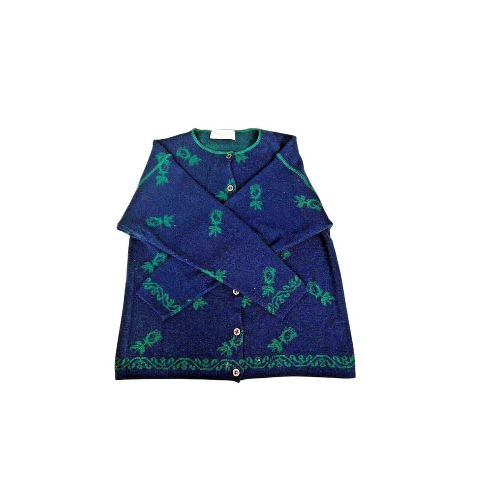 Cardigan Sweater Wool Blend Albert Forcier Made in France Blue & Green Roses S/M